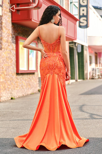 Orange Mermaid Corset Spaghetti Straps Beaded Long Formal Dress